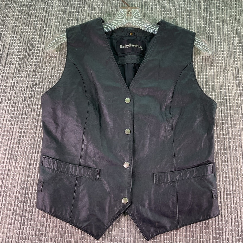 Vintage 1988 Harley-Davidson Black American Cowhide Leather Biker Vest Womens S